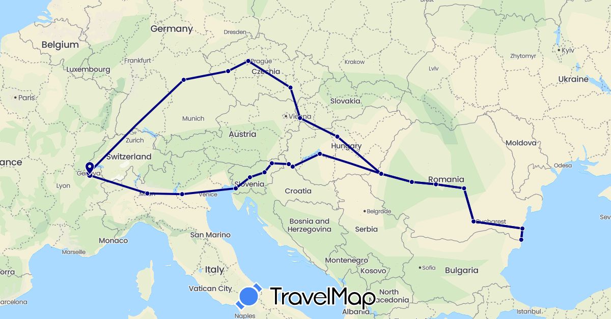 TravelMap itinerary: driving in Switzerland, Czech Republic, Germany, France, Hungary, Italy, Romania, Slovenia, Slovakia (Europe)